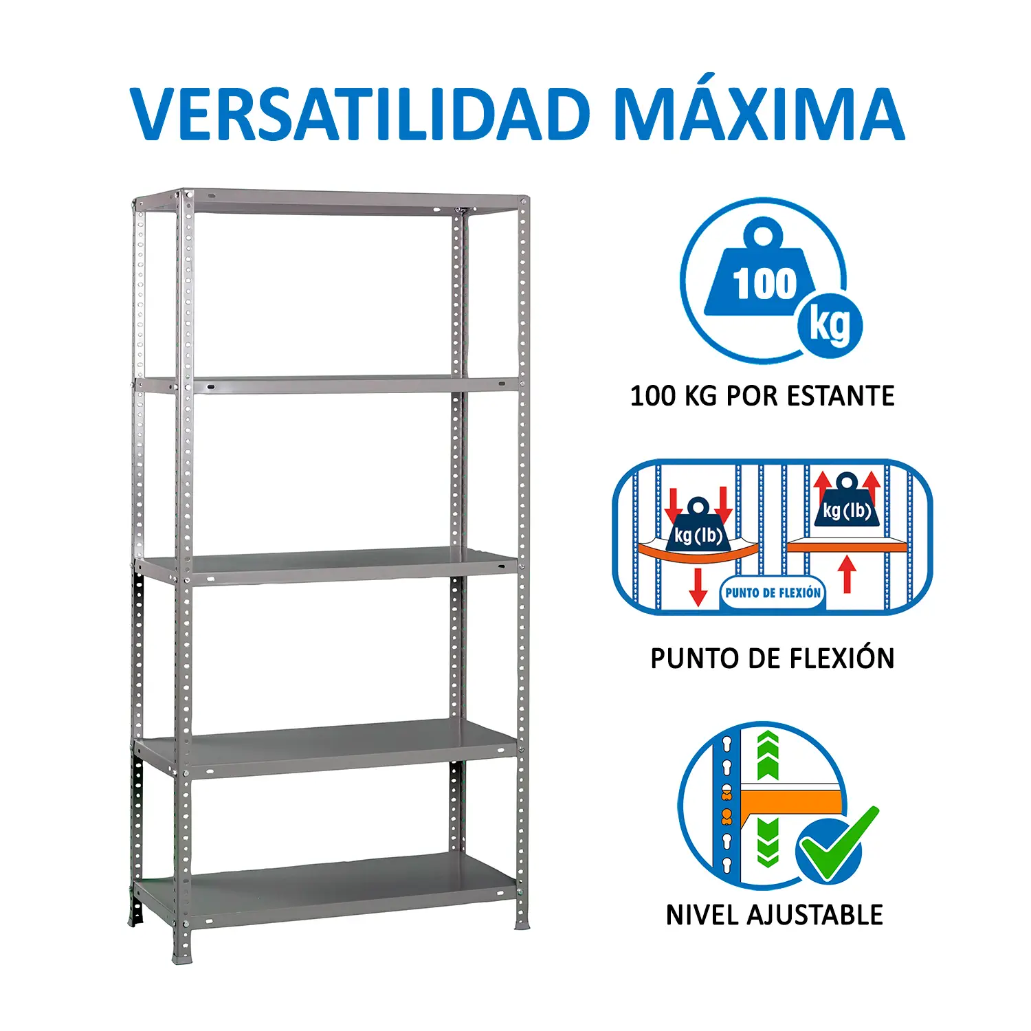 Metalen stellingkast 1800x800x300 mm, 5 niveaus, metalen legbord, 100 kg draagvermogen per legbord, Opbergrek, belasting