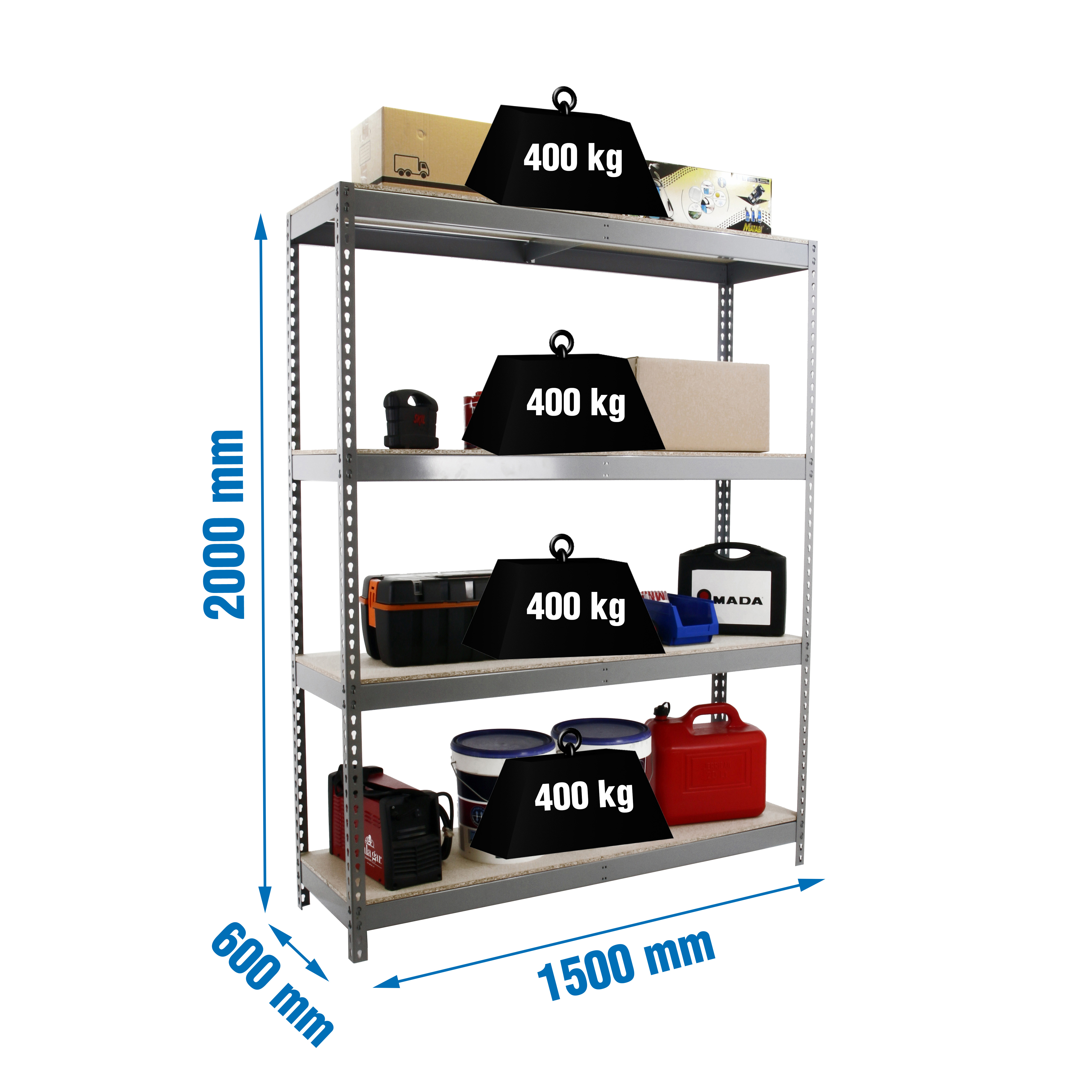 Industriële stellingkast, 2000x1500x600 mm, 400 kg draagvermogen per legbord, 4 houten legborden, Garagerek, afmetingen