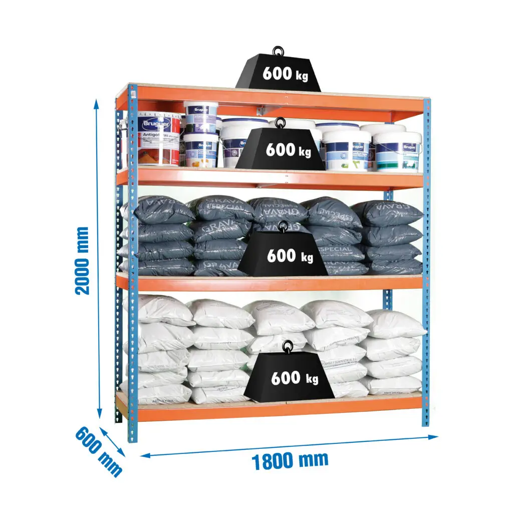 Industriële stellingkast, 2000x1800x600 mm, 600 kg draagvermogen per legbord, 4 houten legborden, Garagerek, afmetingen