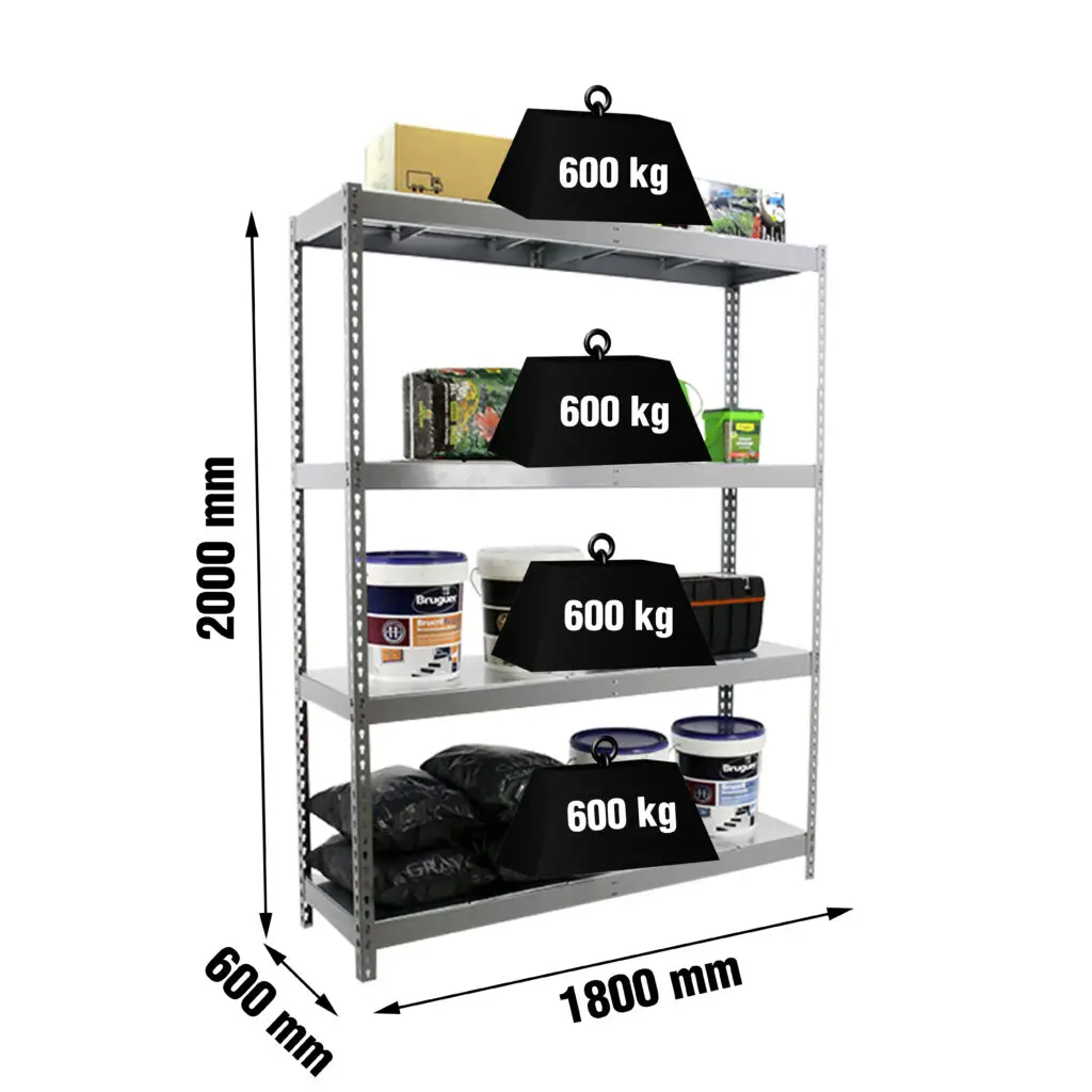 Industriële stellingkast, 2000x1800x600 mm, 600 kg draagvermogen per legbord, 4 metalen legborden, Garagerek, afmetingen
