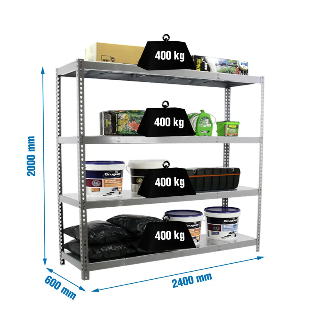 Industriële stellingkast, 2000x2400x600 mm, 400 kg draagvermogen per legbord, 4 metalen legborden, Garagerek, afmetingen