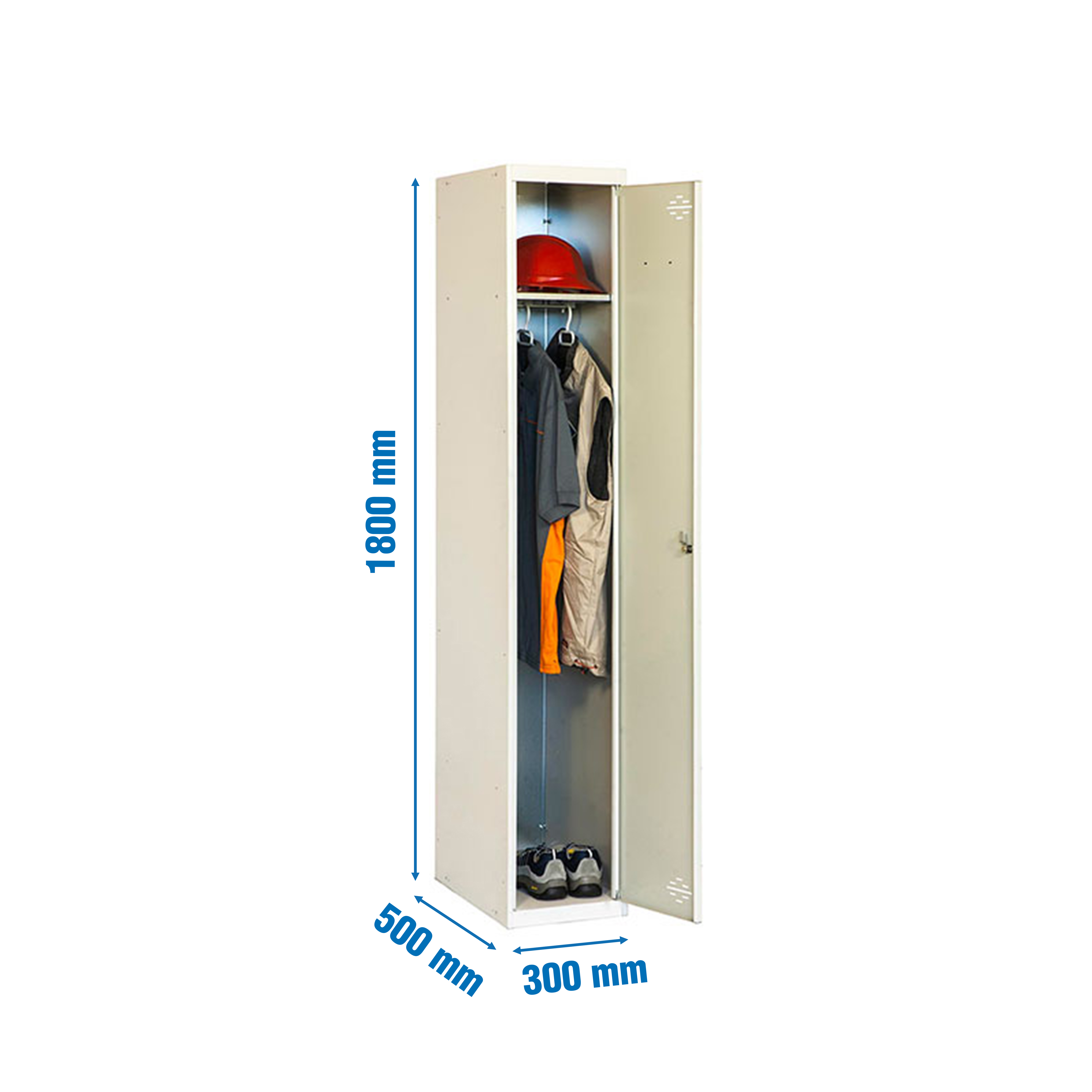 Metalen locker, 1800x300x500 mm, 1 deur, inclusief sleutel, afmetingen