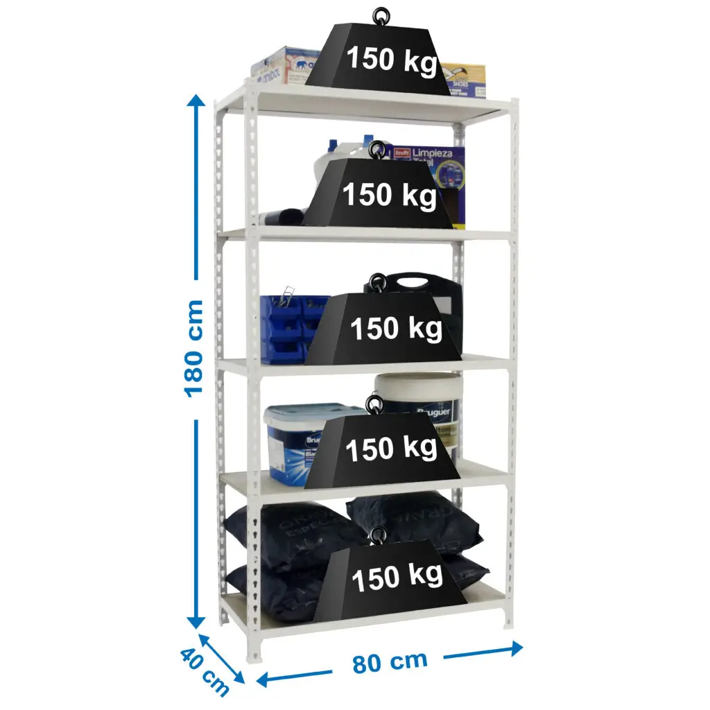 Metalen stellingkast, 1800x800x400 mm, 5 niveaus, houten legbord, 150 kg draagvermogen per legbord, Opbergrek, afmetingen