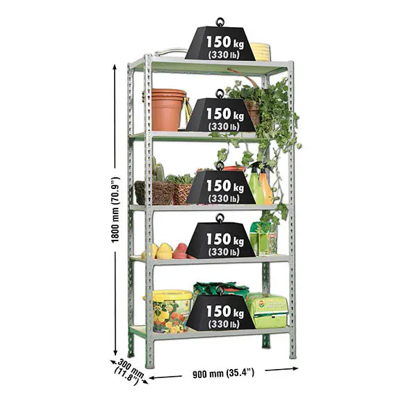 Metalen stellingkast, 1800x900x300 mm, 5 niveaus, houten legbord, 150 kg draagvermogen per legbord, Opbergrek, afmetingen
