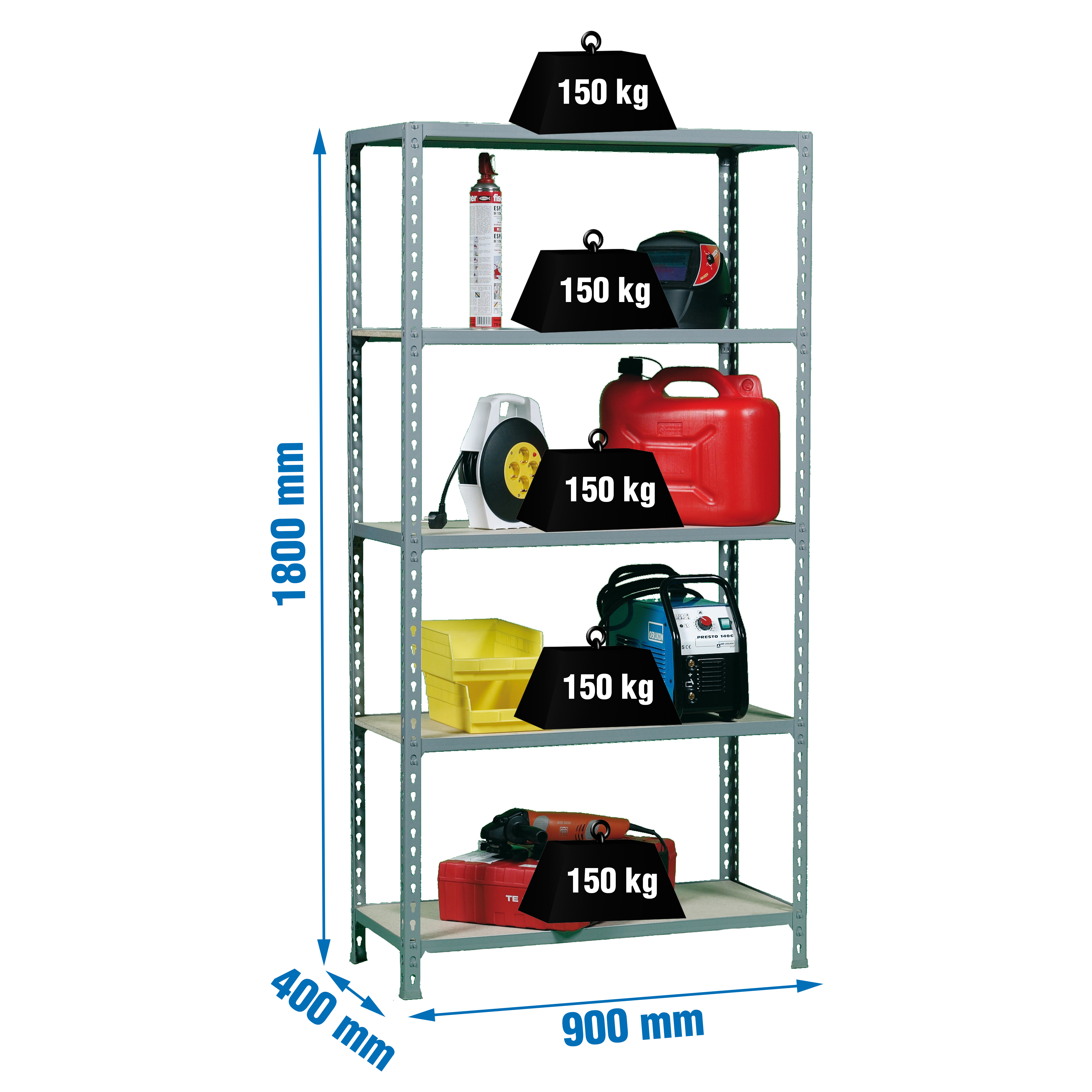 Metalen stellingkast, 1800x900x400 mm, 5 niveaus, houten legbord, 150 kg draagvermogen per legbord, Opbergrek, afmetingen