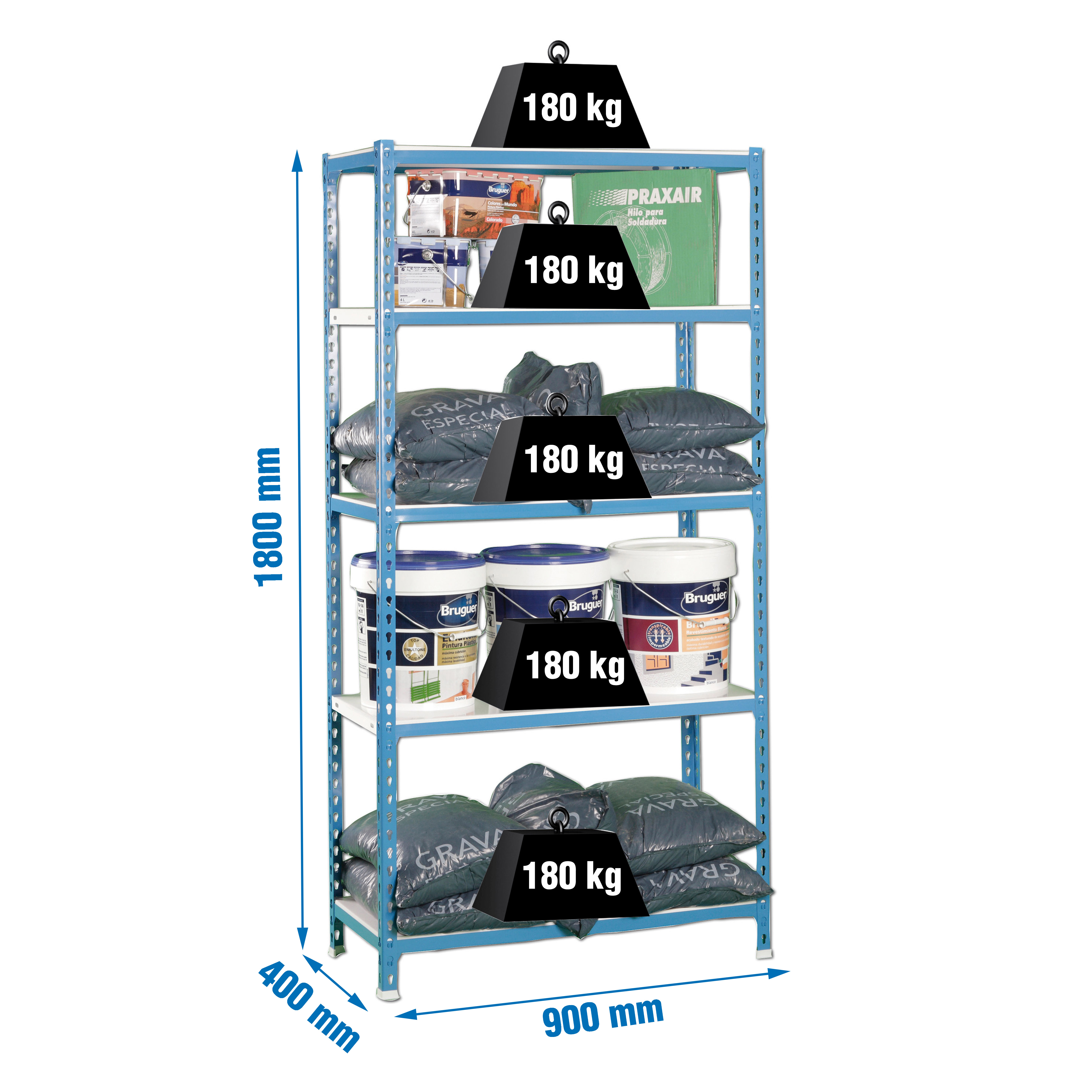 Metalen stellingkast, 1800x900x400 mm, 5 niveaus, metalen legbord, 180 kg draagvermogen per legbord, Opbergrek, afmetingen