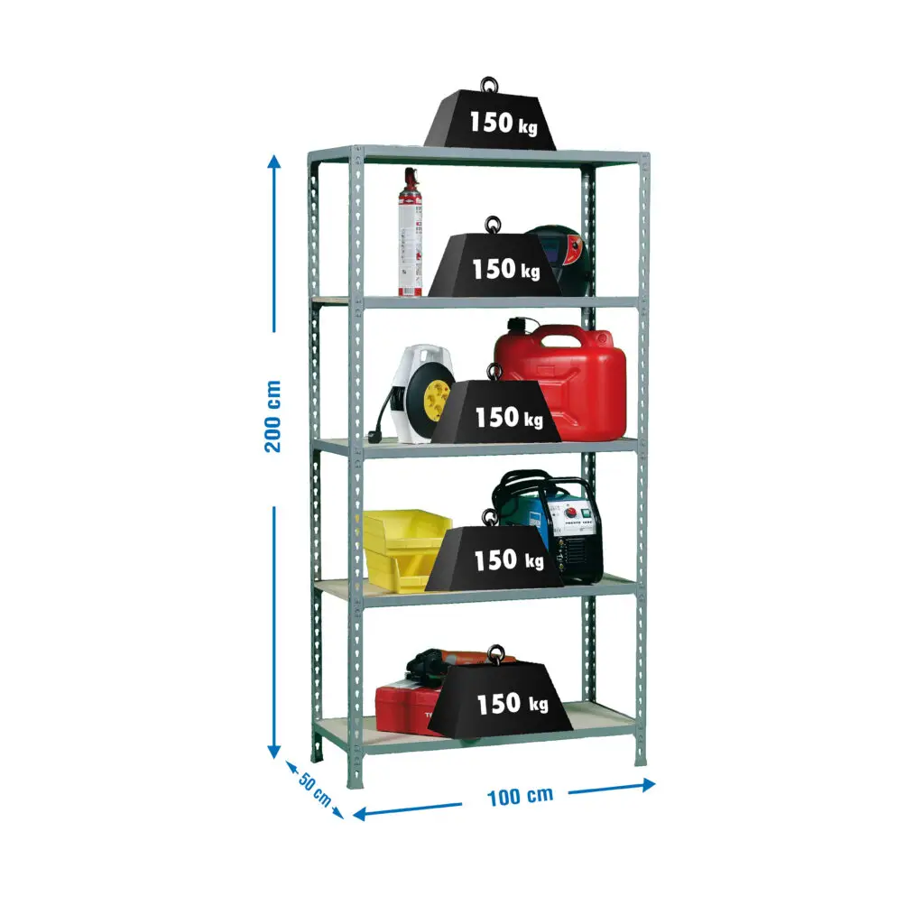 Metalen stellingkast, 2000x1000x500 mm, 5 niveaus, houten legbord, 150 kg draagvermogen per legbord, Opbergrek, afmetingen