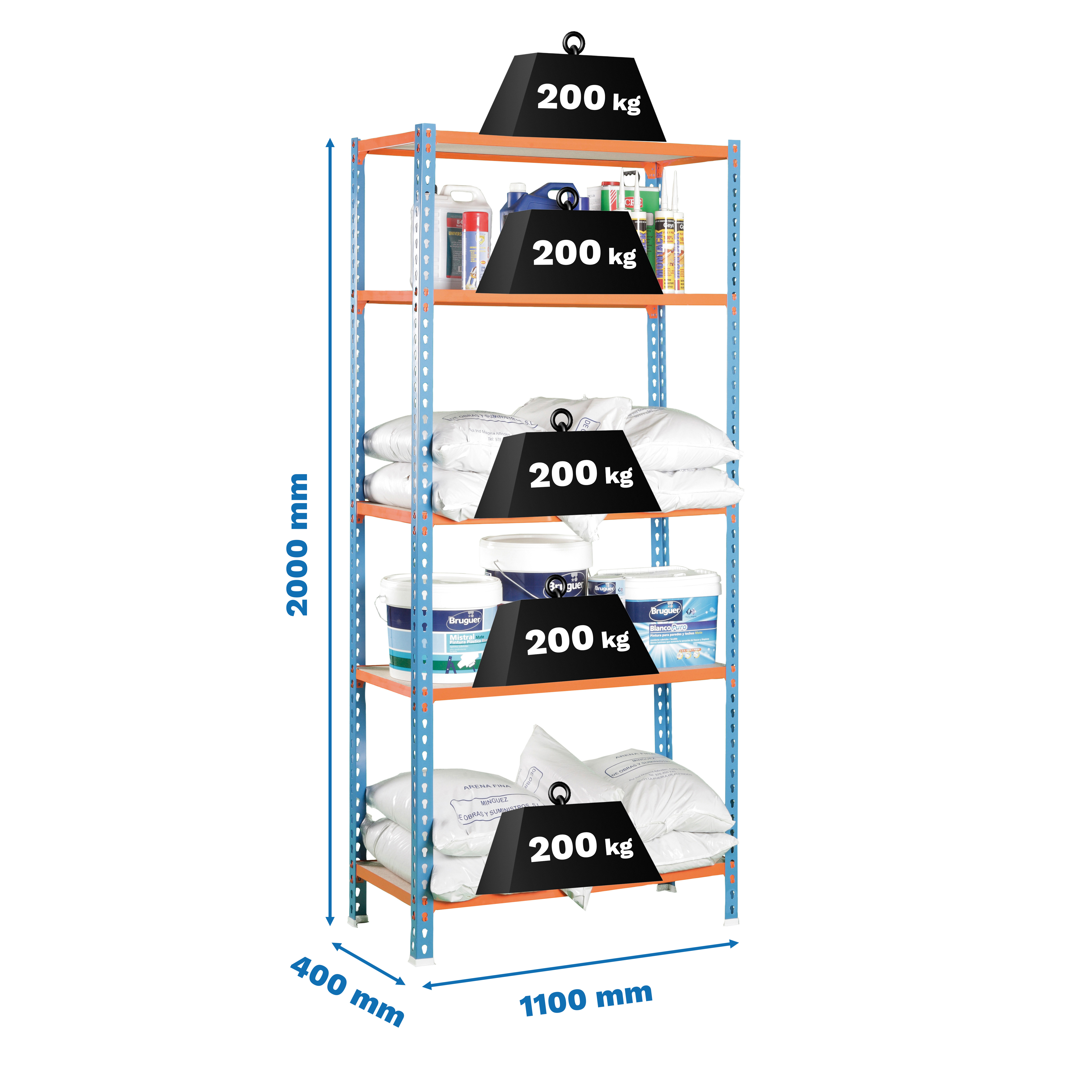 Metalen stellingkast, 2000x1100x400 mm, 5 niveaus, houten legbord, 200 kg draagvermogen per legbord, Opbergrek, afmetingen