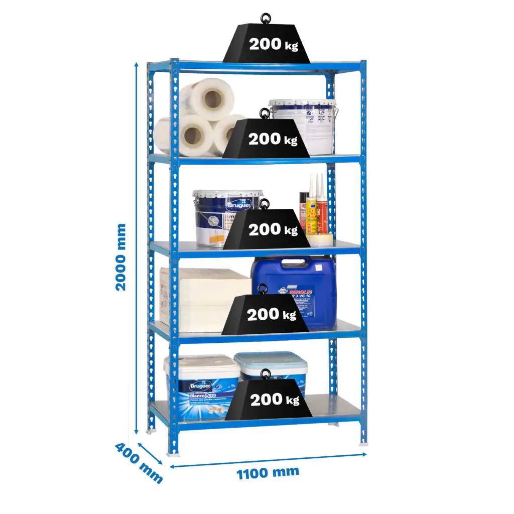 Metalen stellingkast, 2000x1100x400 mm, 5 niveaus, metalen legbord, 200 kg draagvermogen per legbord, Opbergrek, afmetingen