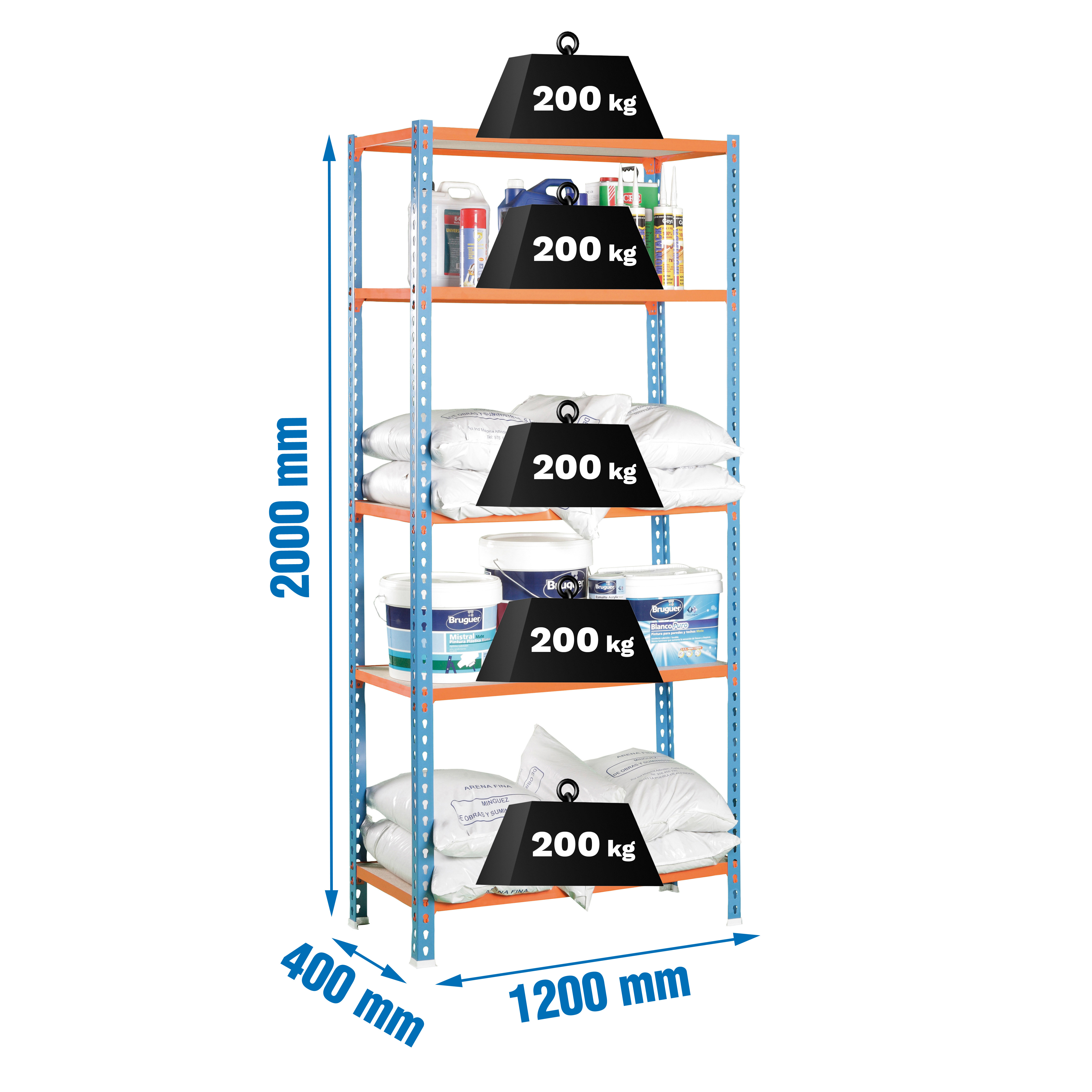 Metalen stellingkast, 2000x1200x400 mm, 5 niveaus, houten legbord, 200 kg draagvermogen per legbord, Opbergrek, afmetingen