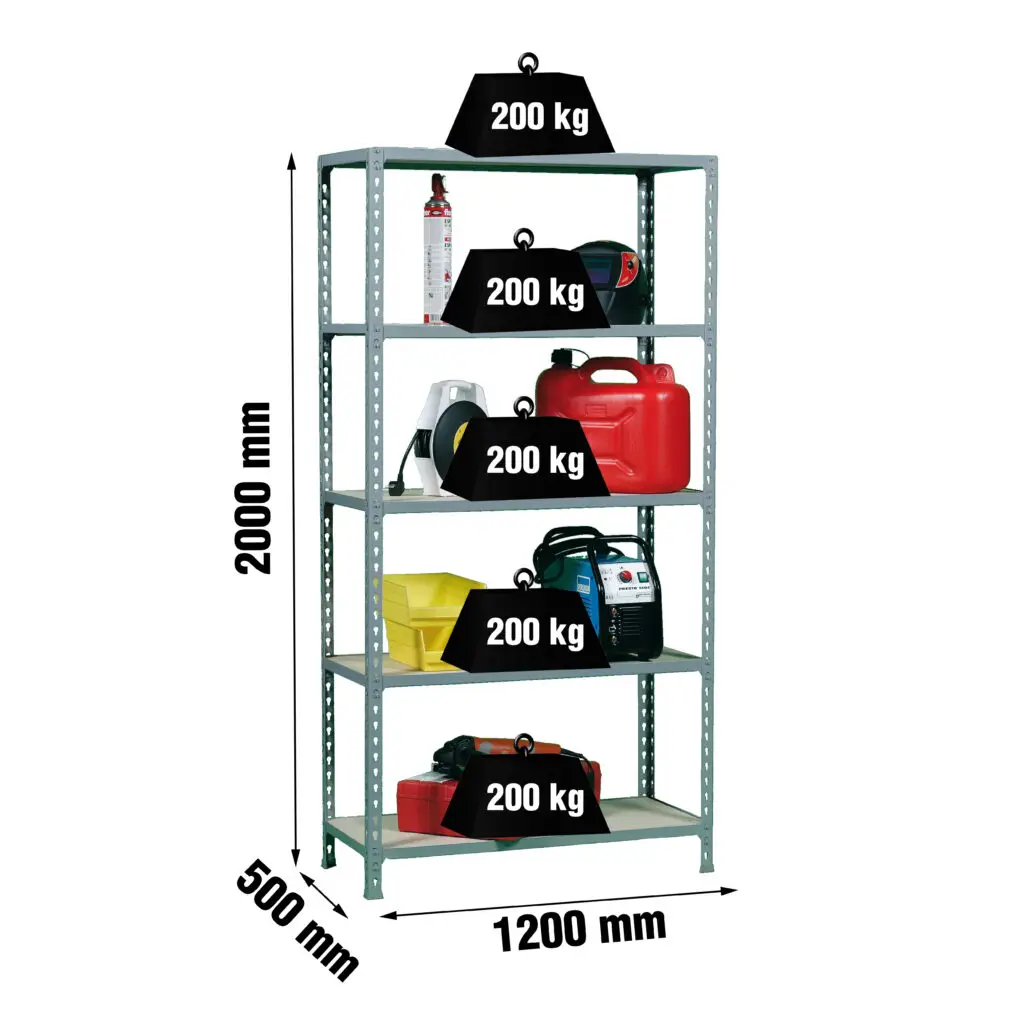 Metalen stellingkast, 2000x1200x500 mm, 5 niveaus, houten legbord, 200 kg draagvermogen per legbord, Opbergrek, afmetingen