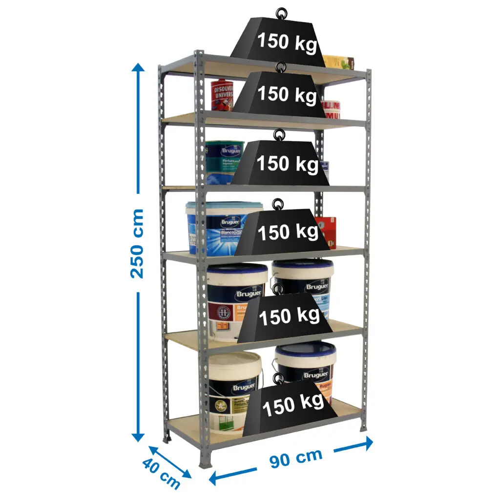 Metalen stellingkast, 2500x900x400 mm, 6 niveaus, houten legbord, 150 kg draagvermogen per legbord, Opbergrek, afmetingen