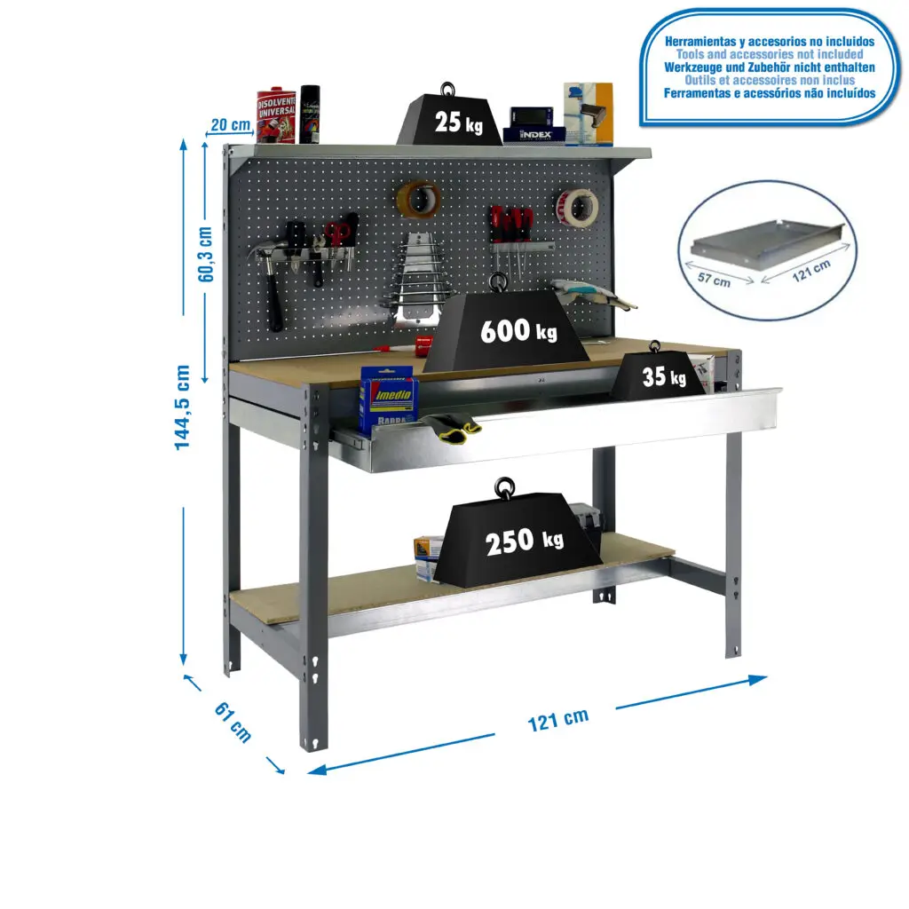 Werkbank, 1210x610 mm, geperforeerd paneel en lade, draagvermogen 600 kg, afmetingen