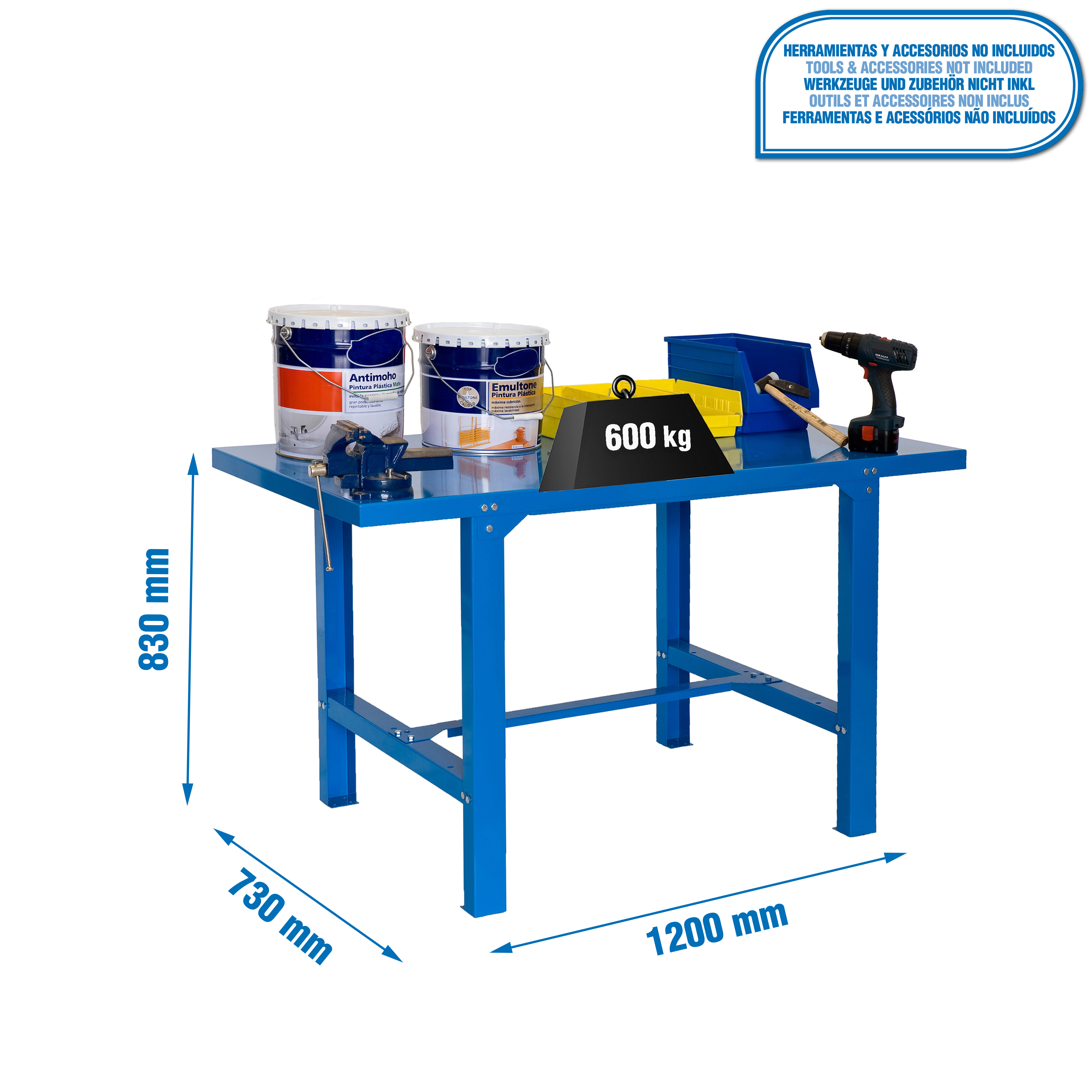 Werktafel, 1200x730 mm, metalen blad, draagvermogen 600 kg, afmetingen