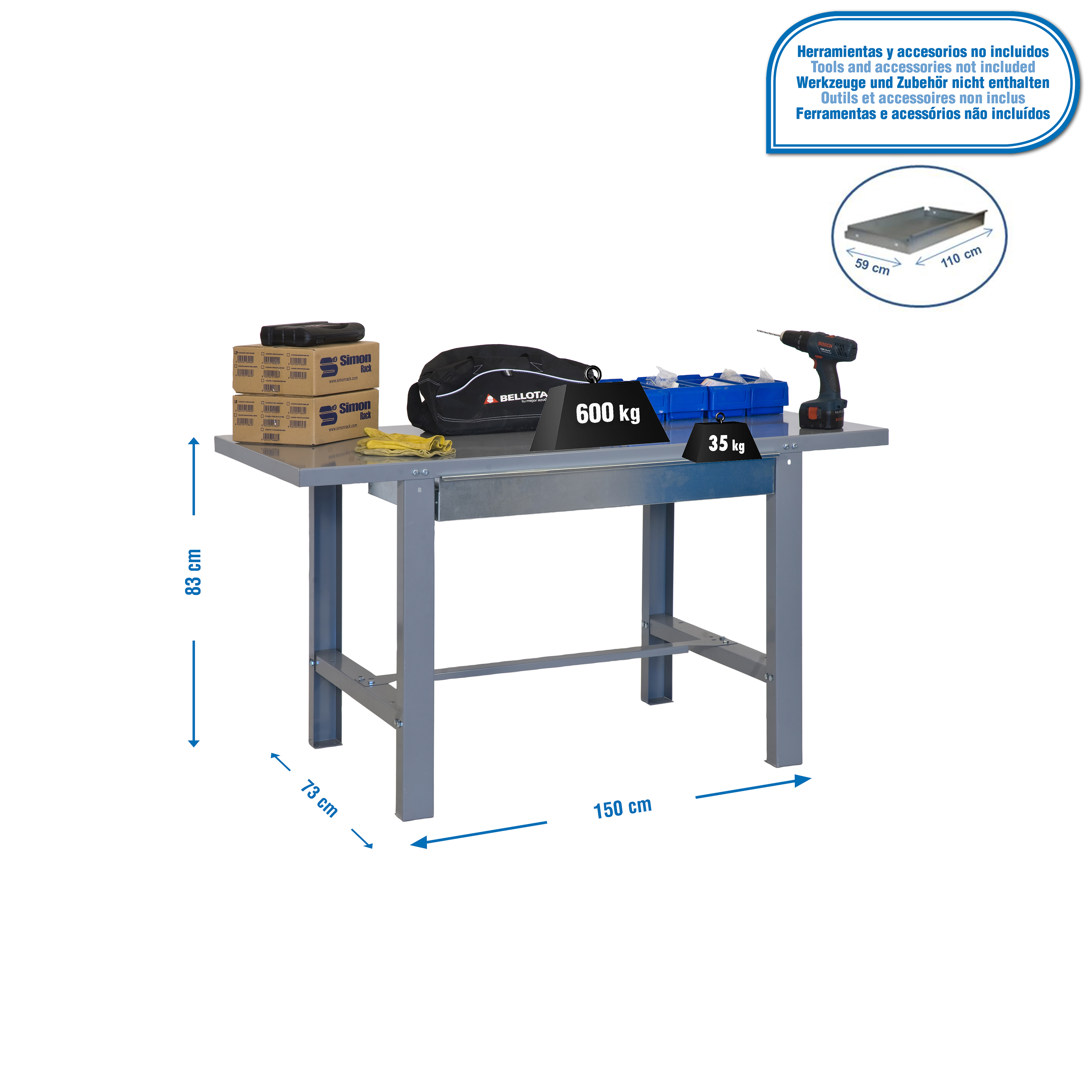 Werktafel, 1500x730 mm, lade, metalen blad, draagvermogen 600 kg, afmetingen
