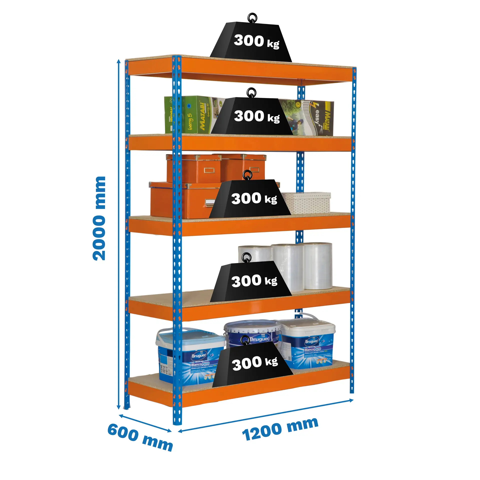 BRICOFORTE 1206-5 CHIPBOARD BLAUW/ORANJE/HOUT - Industriële stellingkast