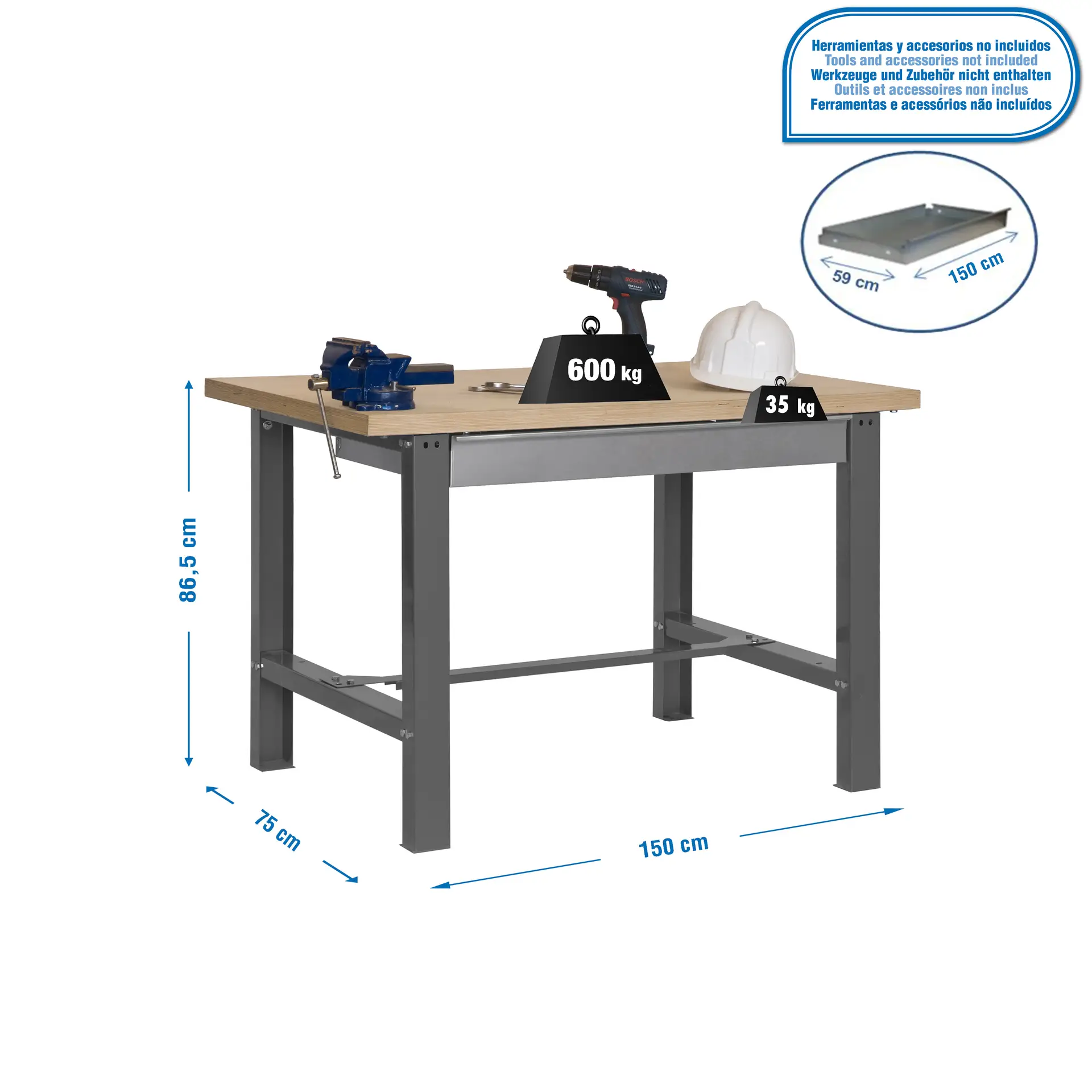 SIMONWORK BT6 MDF 1BOX 1500X750 GRIJS/HOUT - Werktafel