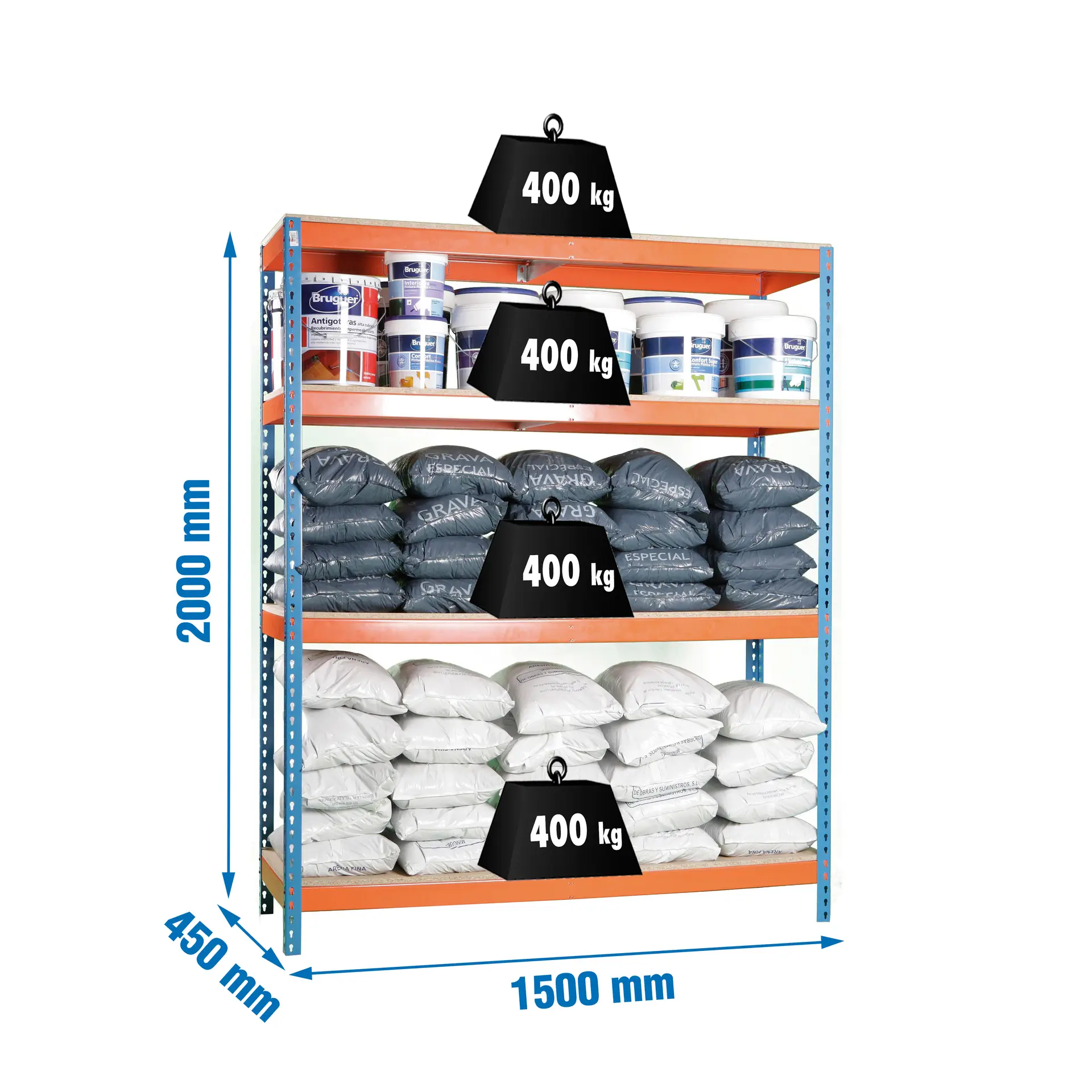 ECOFORTE 1504-4 CHIPBOARD BLAUW/ORANJE/HOUT - Industriële stellingkast