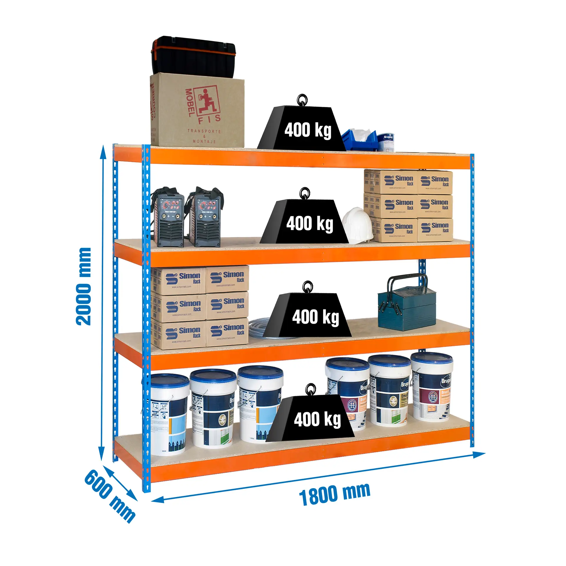 ECOFORTE 1806-4 CHIPBOARD BLAUW/ORANJE/HOUT - Industriële stellingkast